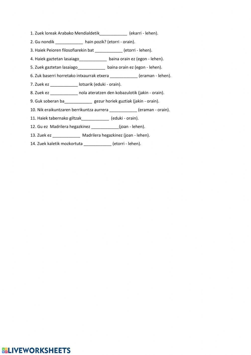 Aditz trnkoak orain-lehenaldian