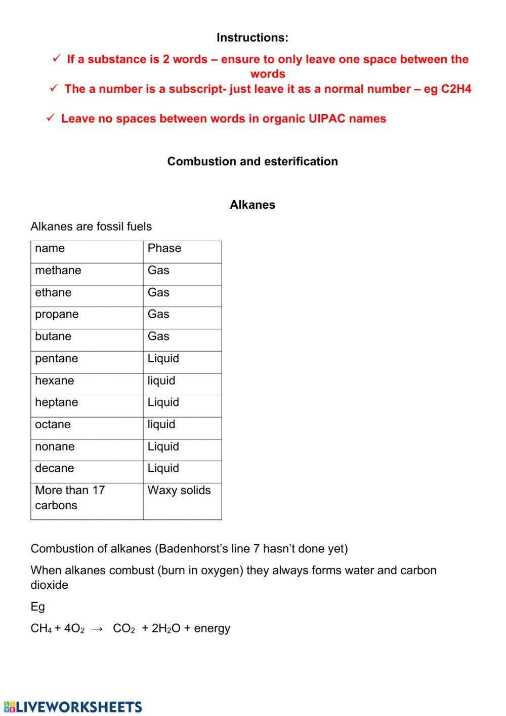 Organic chem combustion and esterification