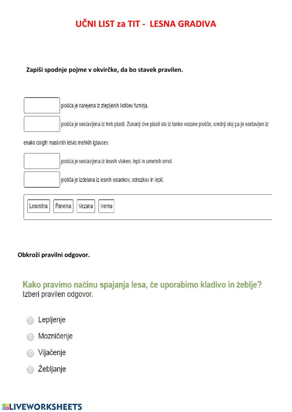 LESNA GRADIVA - UTRJEVANJE ZNANJA za 6. razred