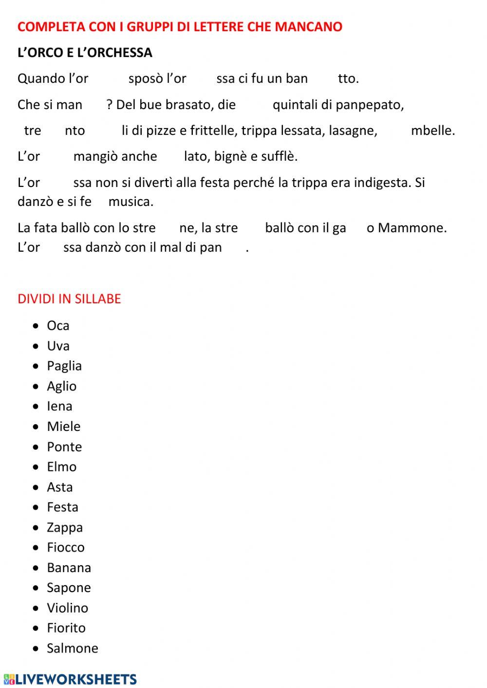 Gruppi di lettere e divisione in sillabe