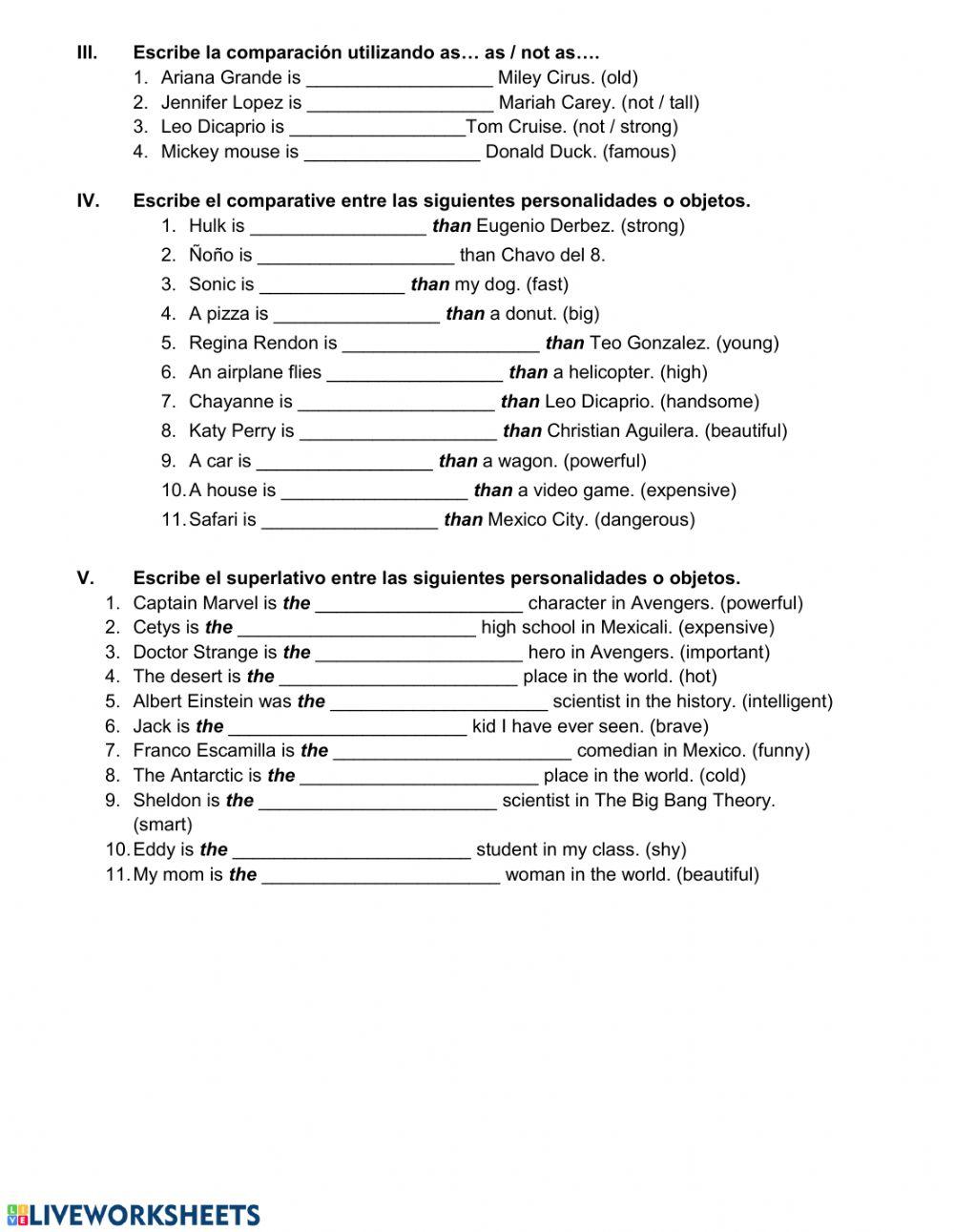 Comparison as..as, comparatives, superlatives
