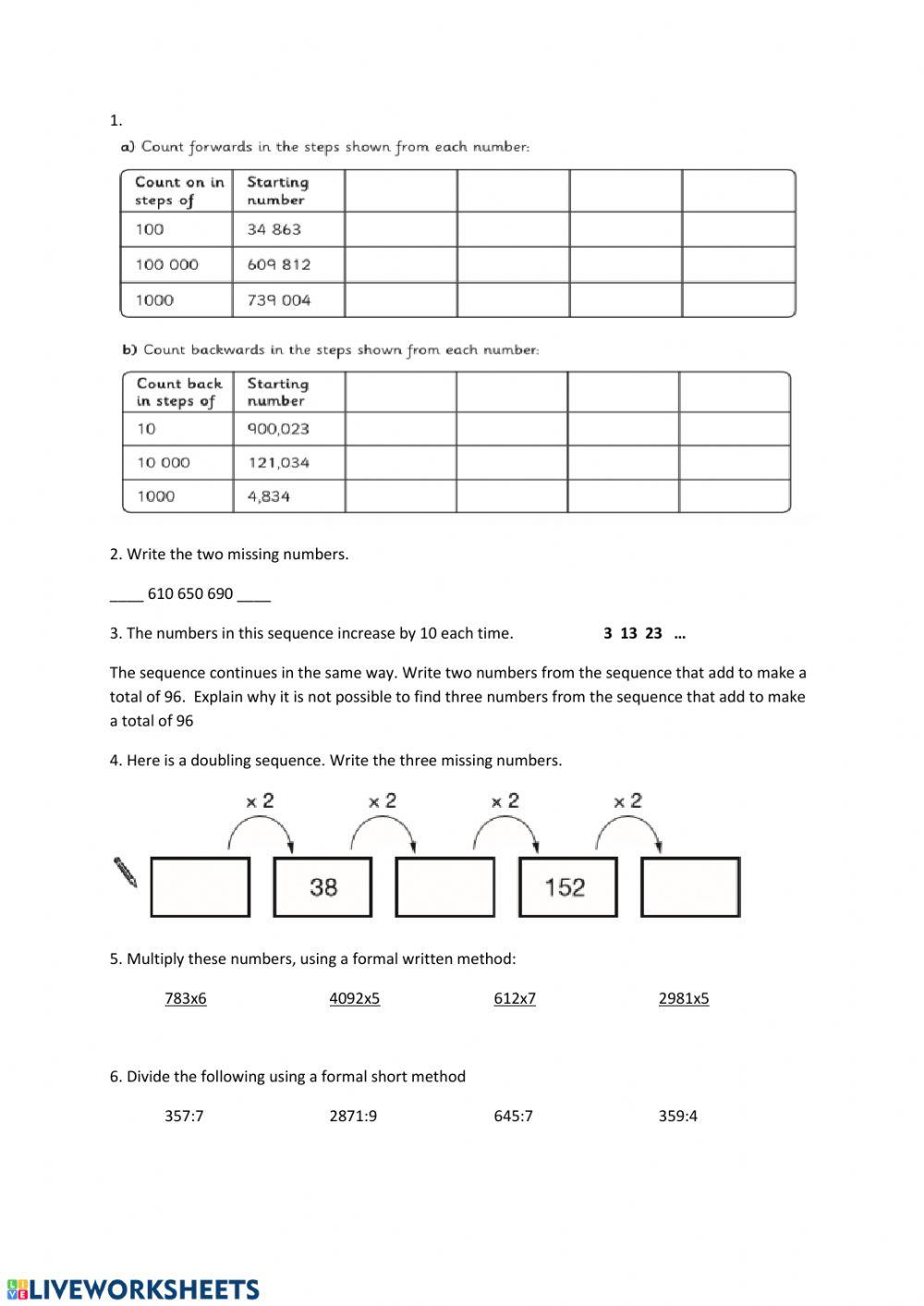 Unit 8 Number and problem solving - Worksheet