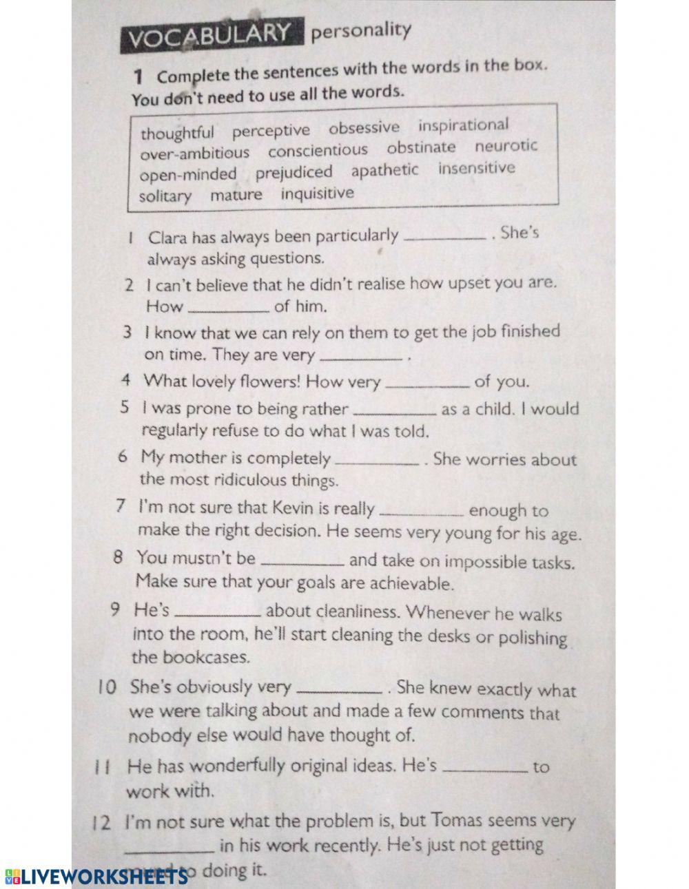 Personality vocabulary and idioms