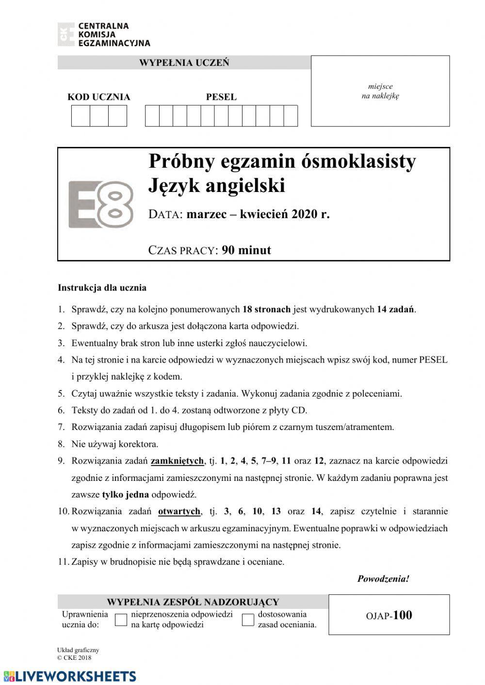 Egzamin ósmoklasusty próbny 2020