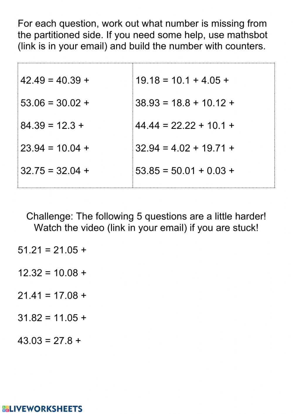 Partition decimals worksheet | Live Worksheets