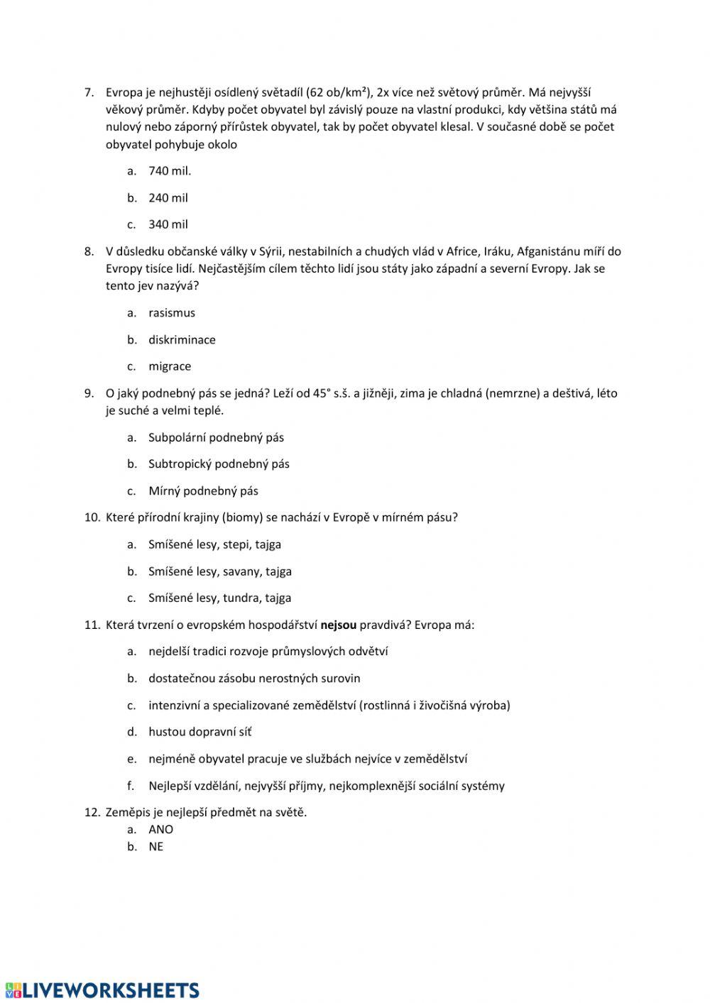 Evropa - podnebí, obyvatelstvo, hospodářství