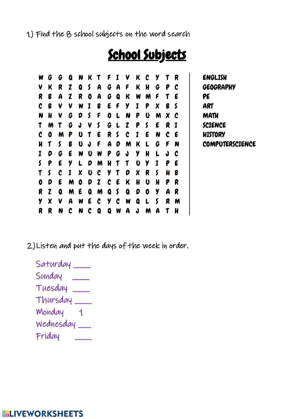 School Subjects- Days of the week