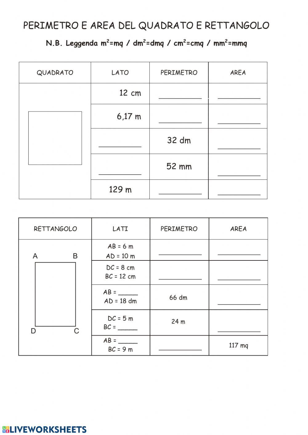 Perimetro ed area del rettangolo e del quadrato