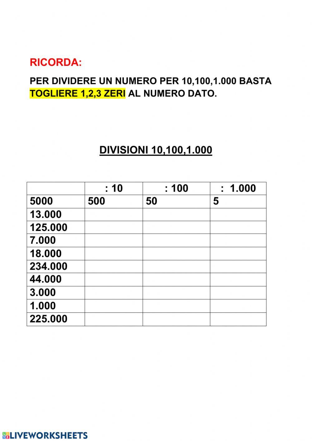Moltiplicazioni e divisioni 10,100,1000