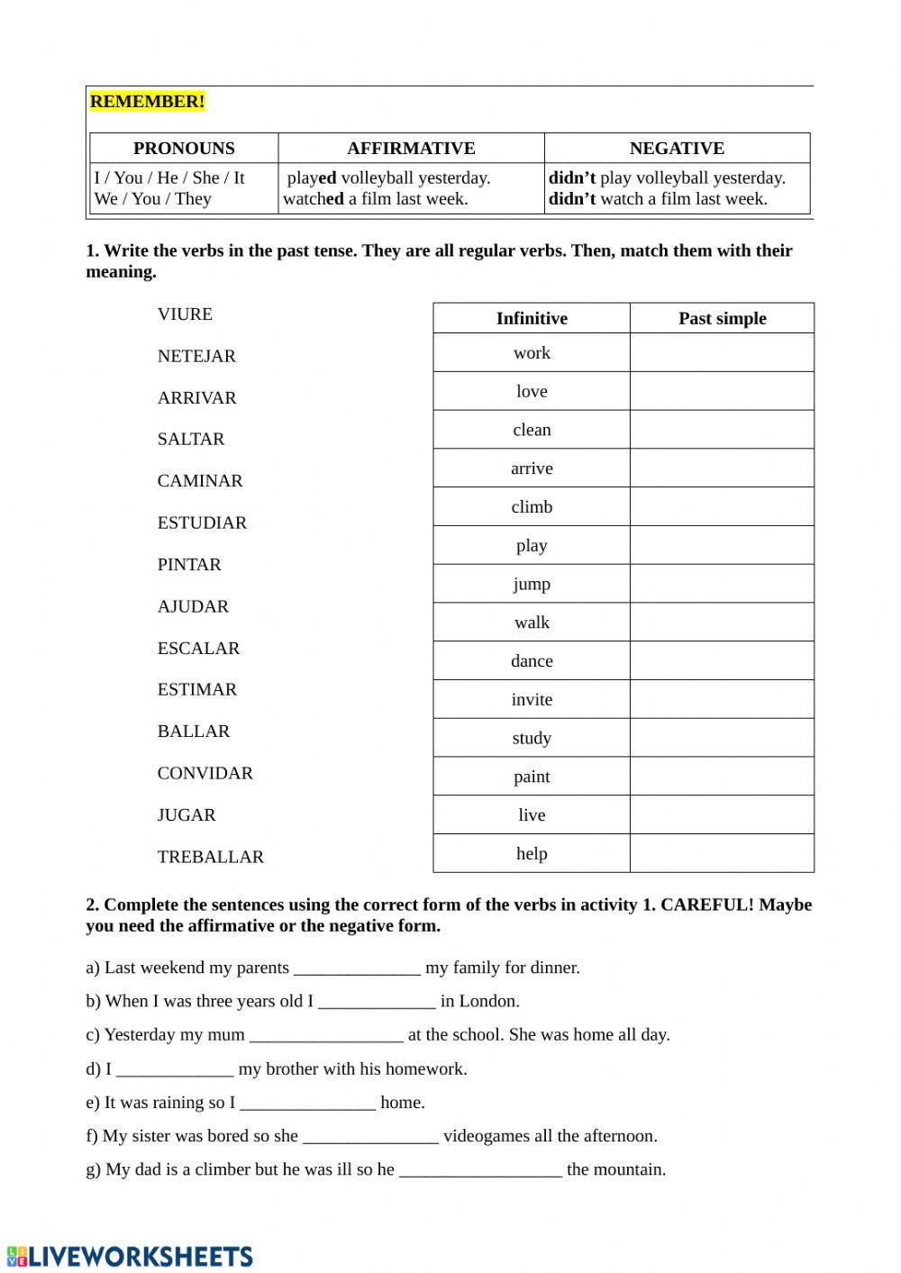 Past tense - affirmative and negative regular verbs