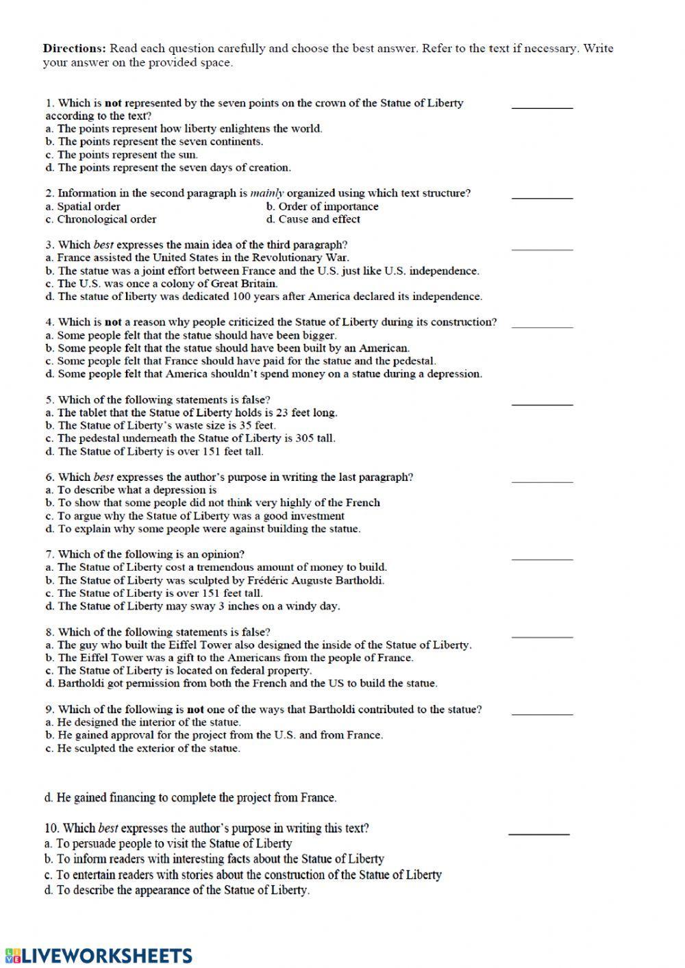 Reading comprehension - The Statue of Liberty