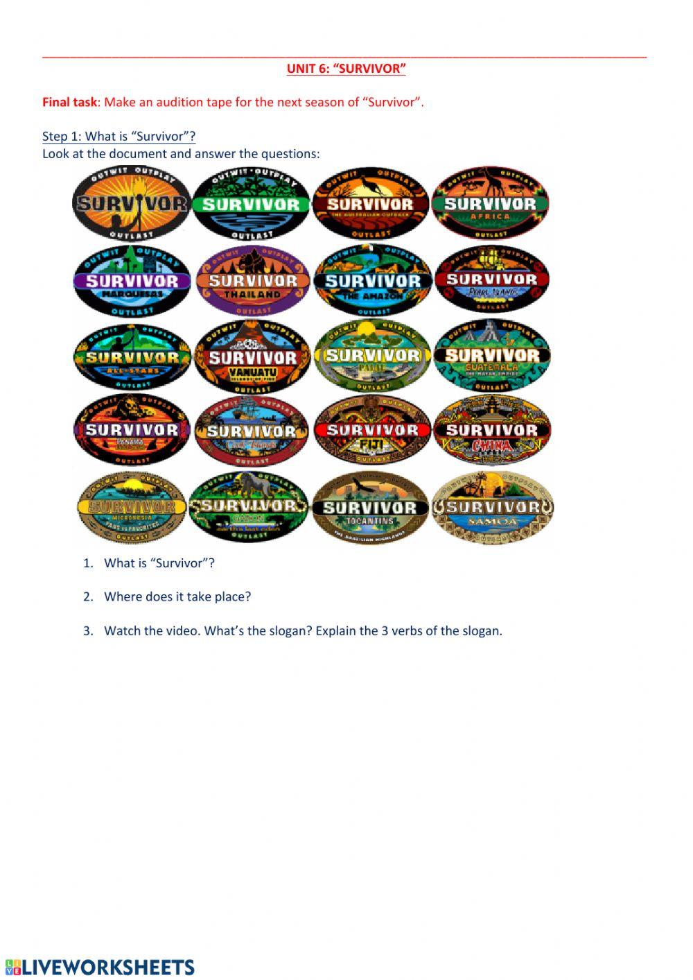 Unit 6 Survivor worksheet 1 worksheet Live Worksheets