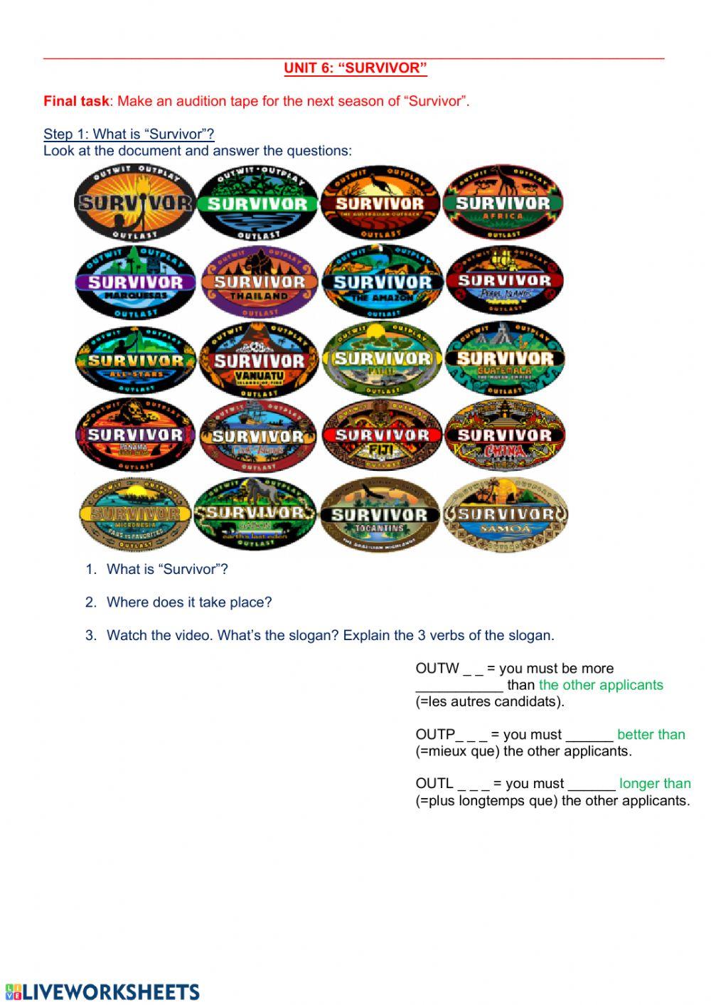 Unit 6: Survivor worksheet 1 special needs