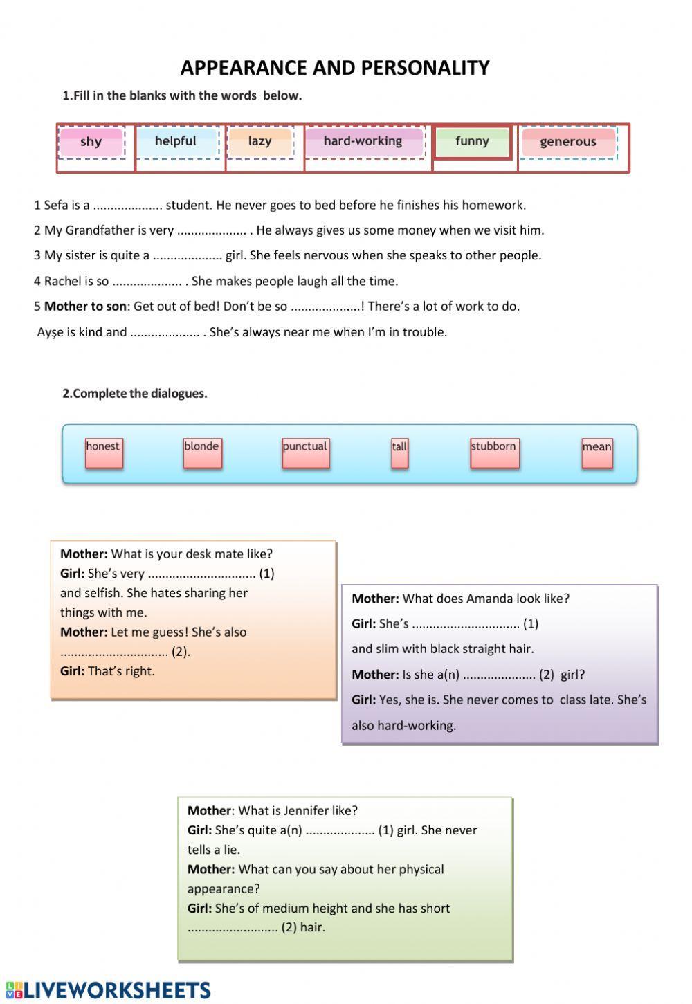 Appearence and Personality Worksheet