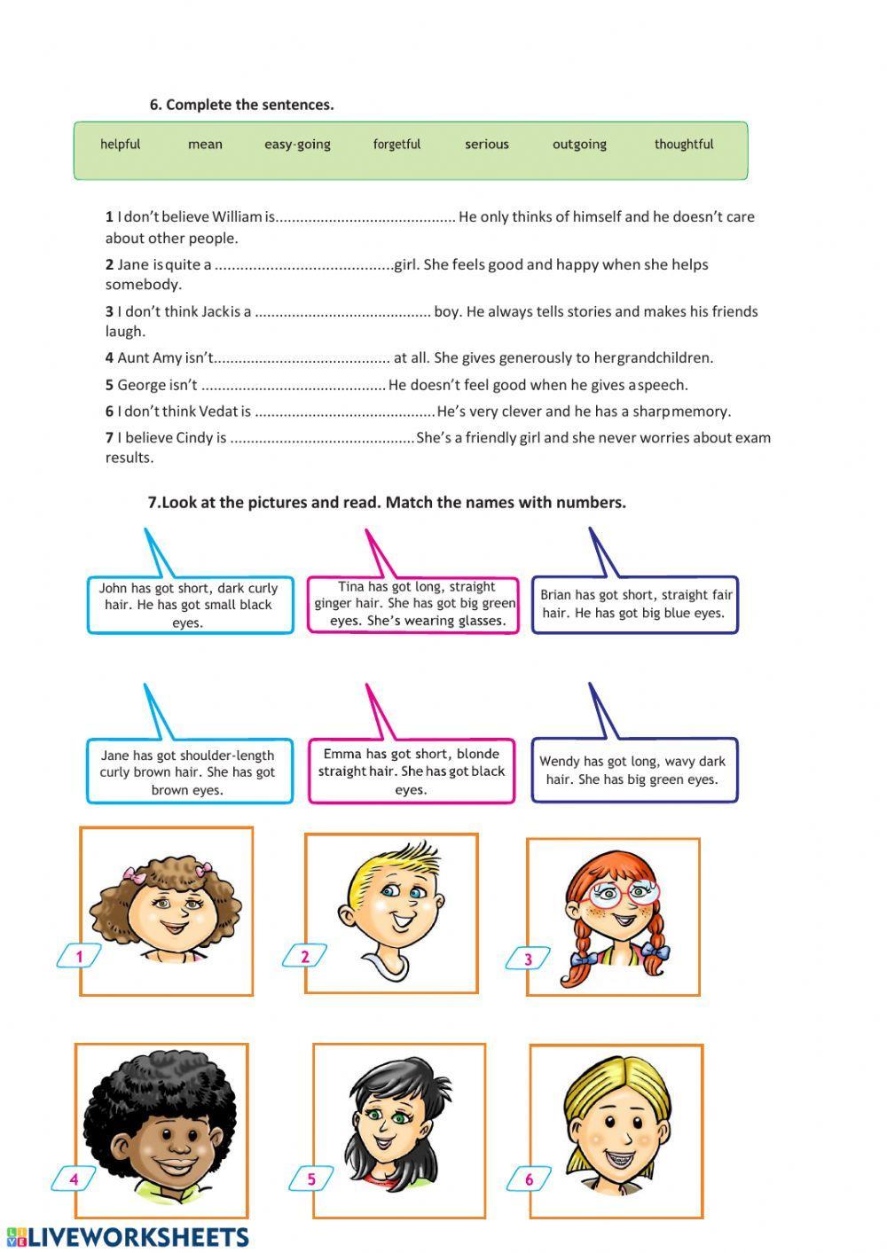 Appearence and Personality Worksheet