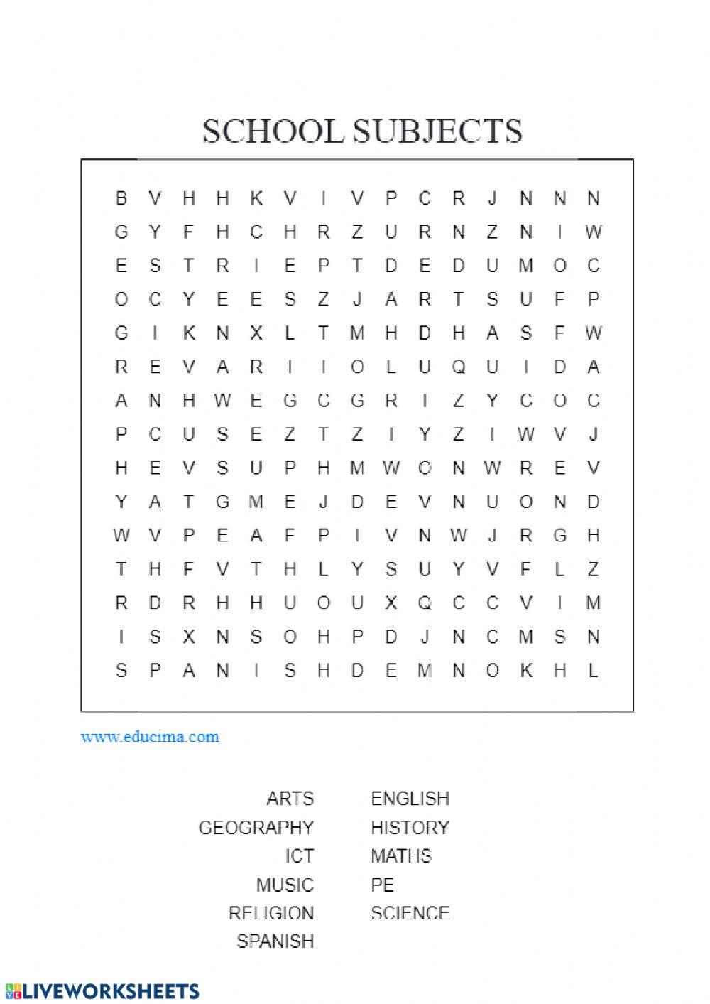 School subjects wordsearch