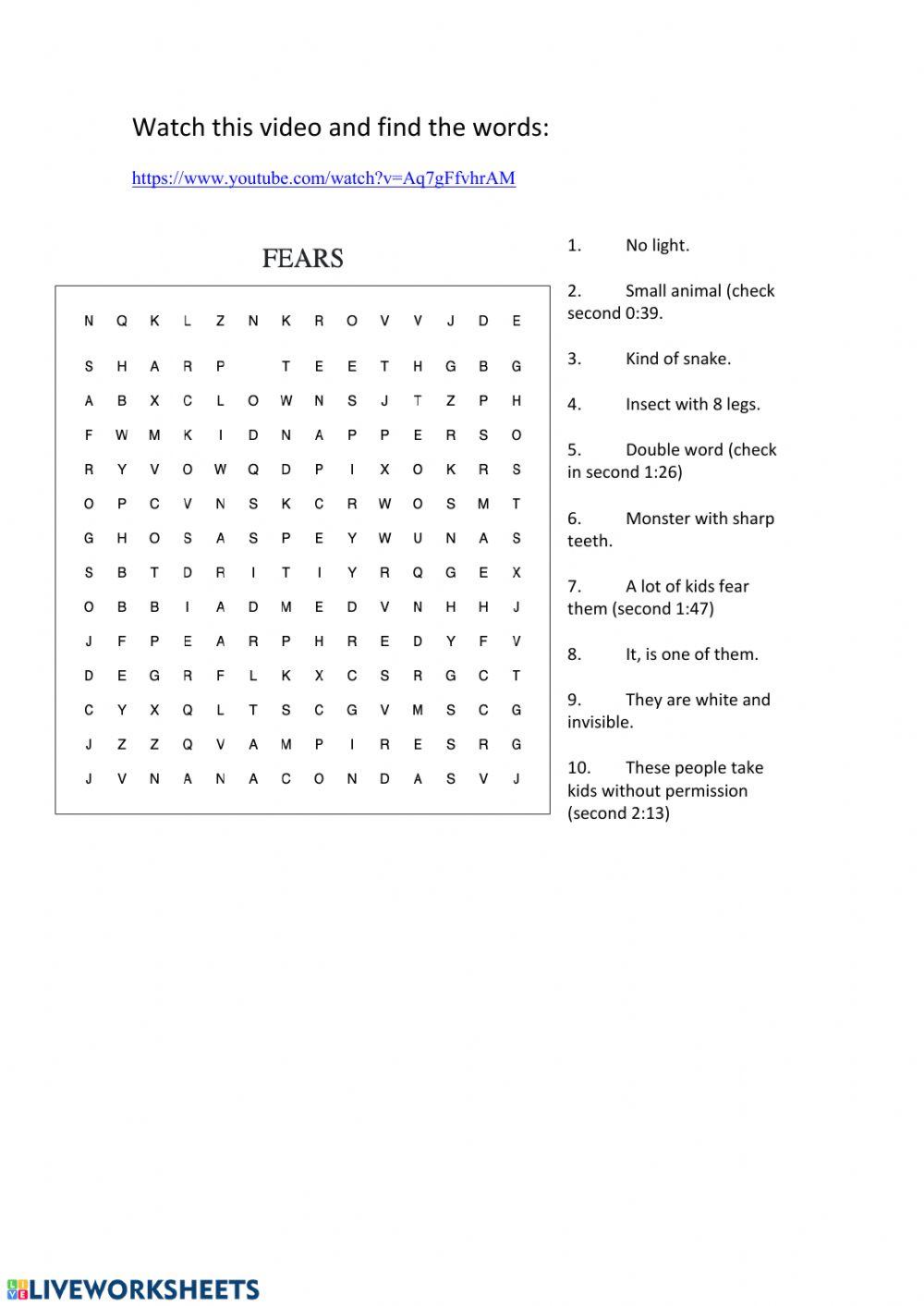 FEARS word search