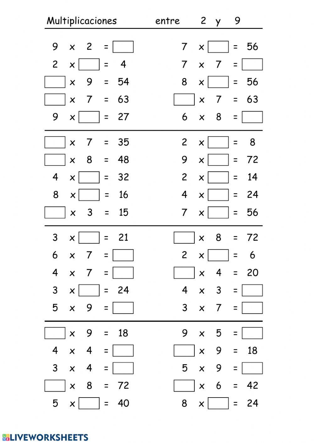 Multiplicaciones una cifra online exercise Live Worksheets