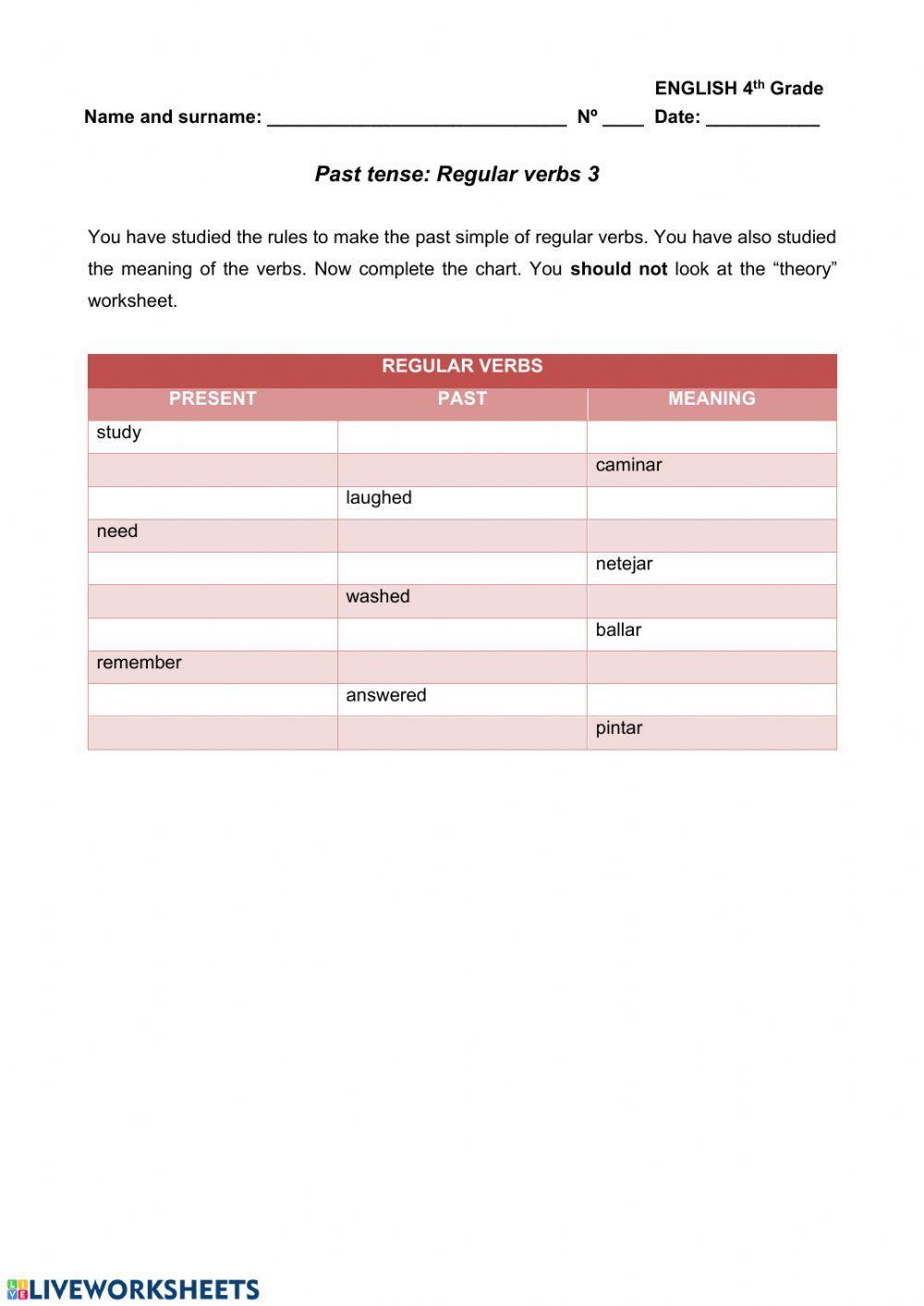 Regular verbs practice 3: present, past, meaning