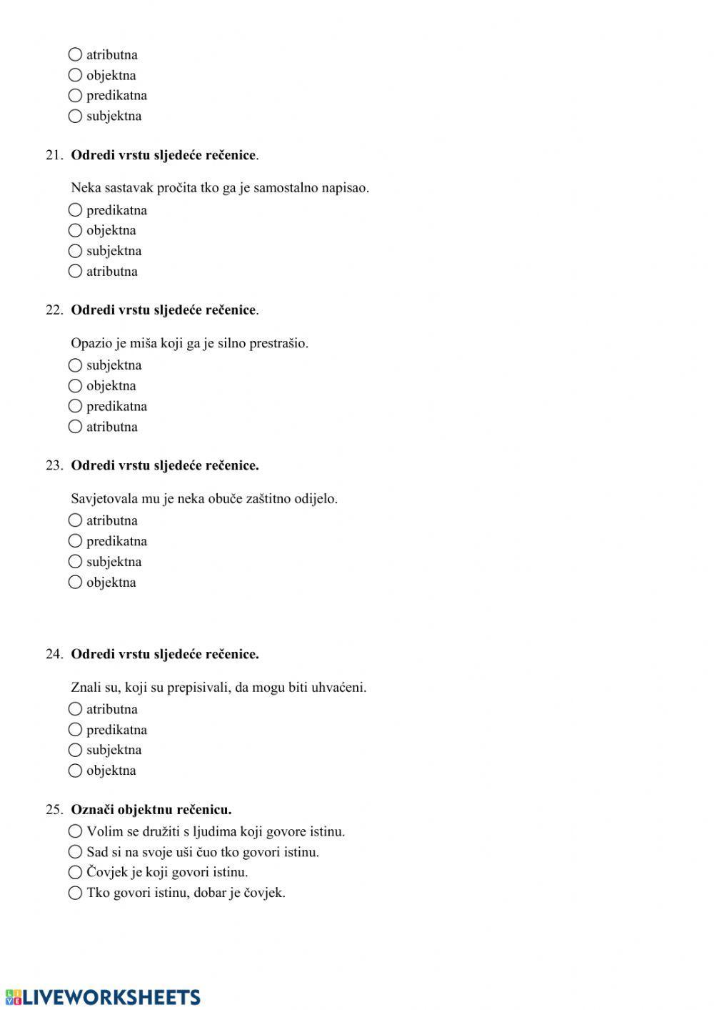 Predikatna, subjektna, objektna i atributna rečenica