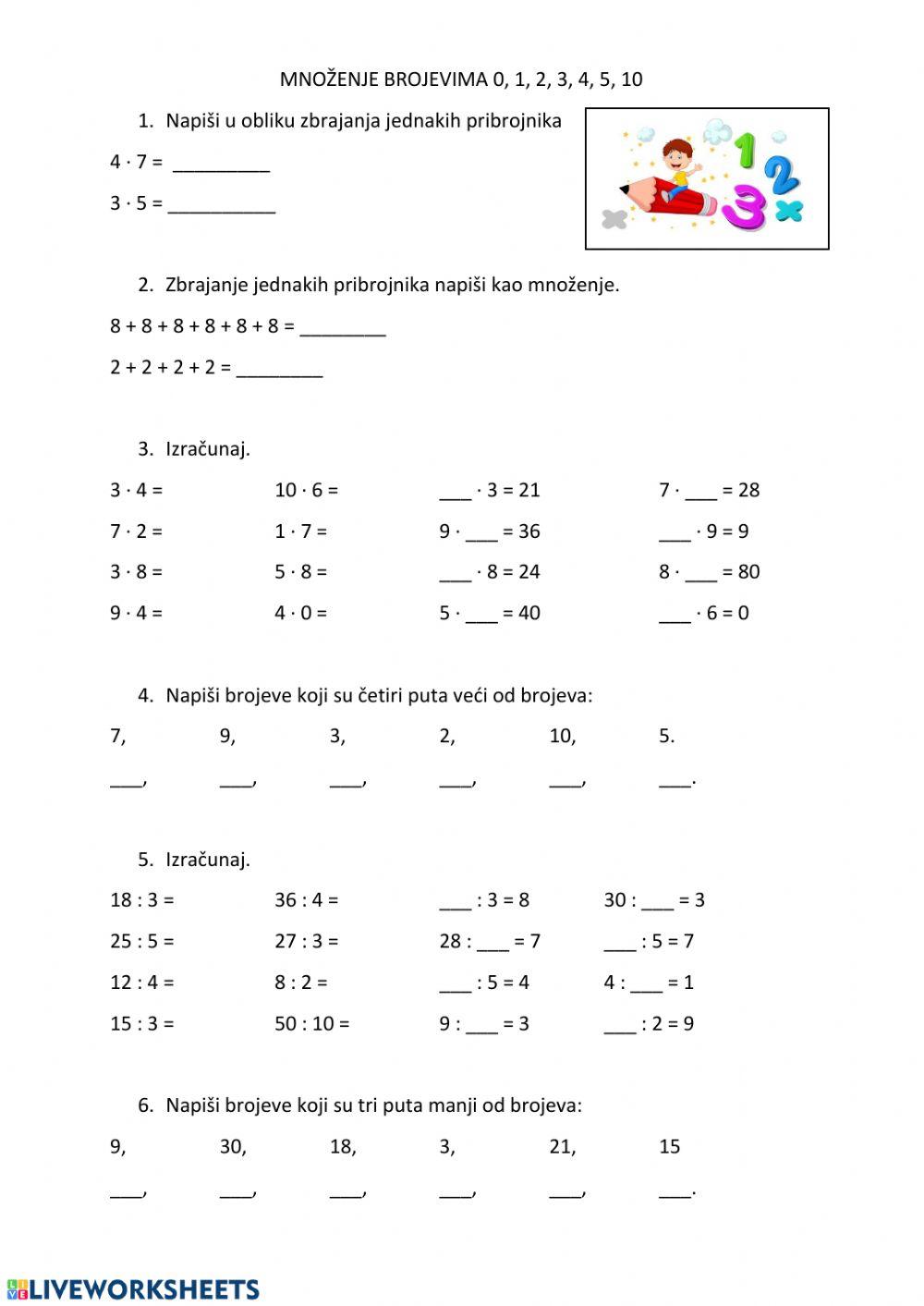 Množenje brojevima 0,1,2,3,4,5 i 10