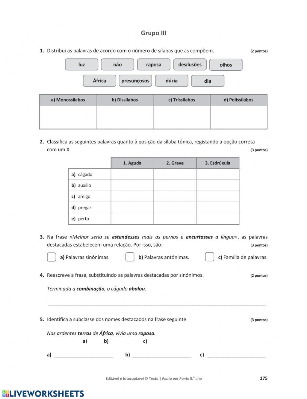 Português - Teste de avaliação 1 (5º)