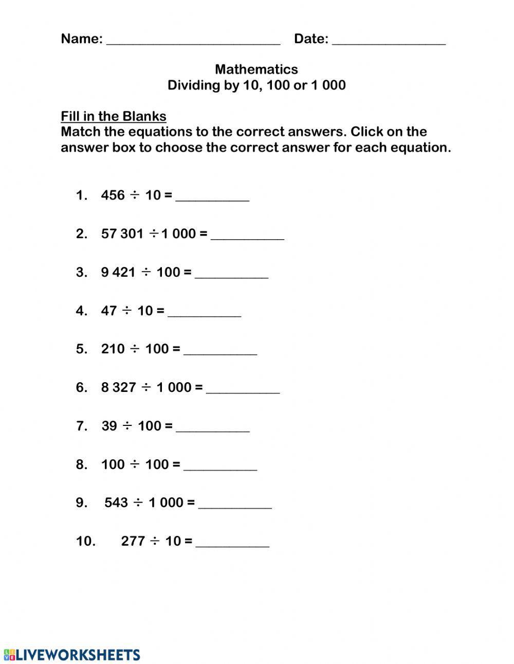 Dividing by 10, 100 or 1 000