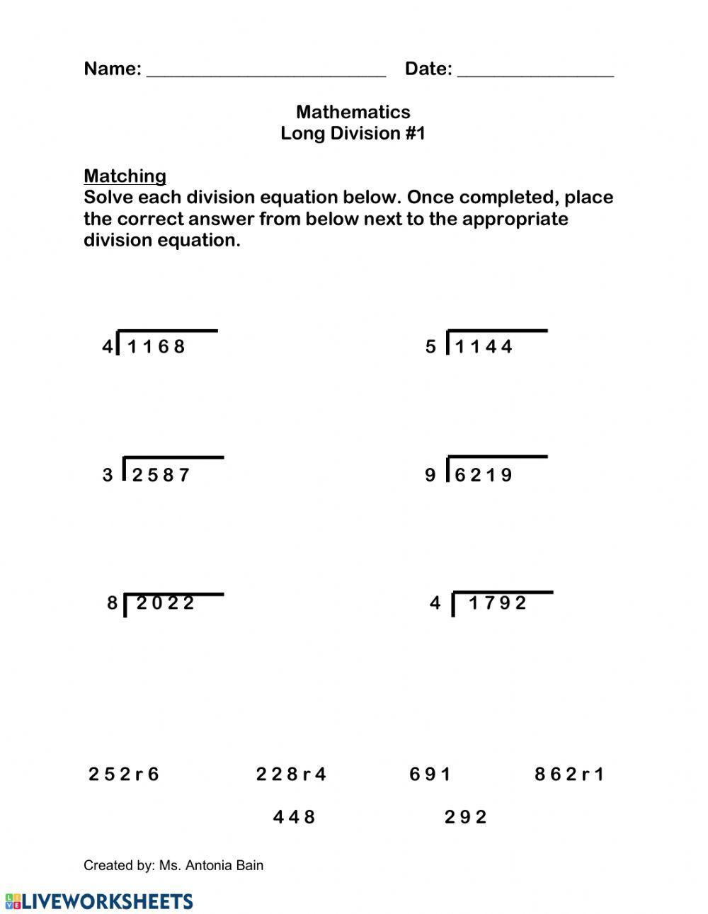 Long Division with Single Digit Divisors
