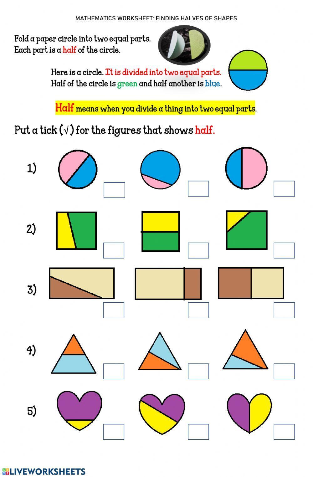 Worksheet 13 FINDING HALVES OF SHAPES Worksheet 13 FINDING HALVES OF SHAPES