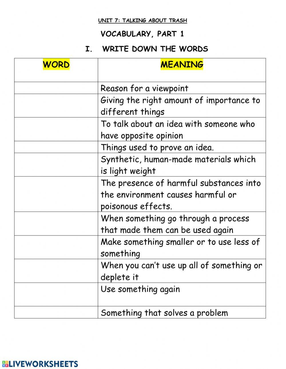 Vocabulary Unit 7 Part 1: Talking About Trash worksheet