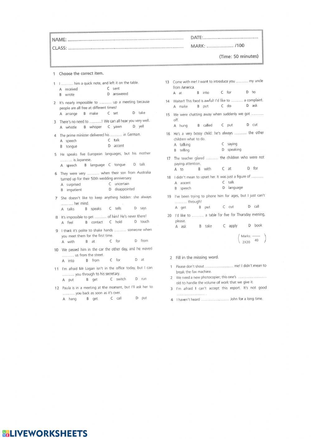 Upstream 5 Module 1 Test Worksheet | Live Worksheets