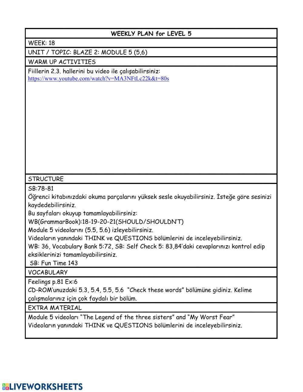 level 5 weekly plan 18