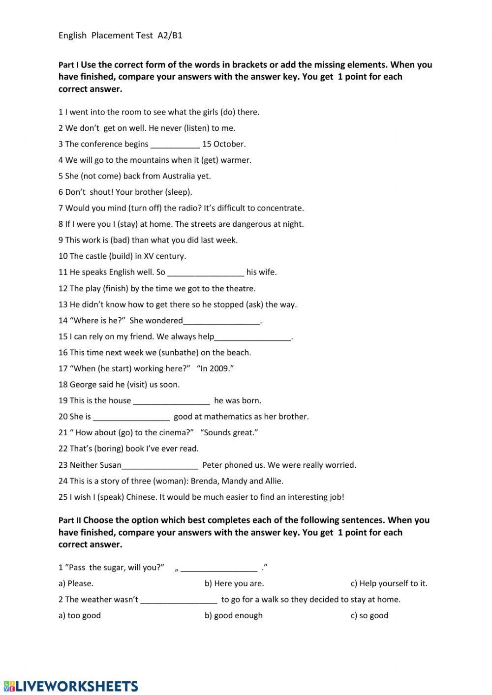 Placement test A2-B1