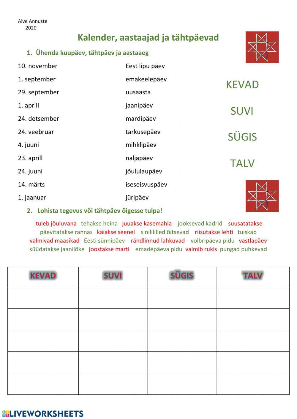 Kalender, tähtpäevad ja aastaajad