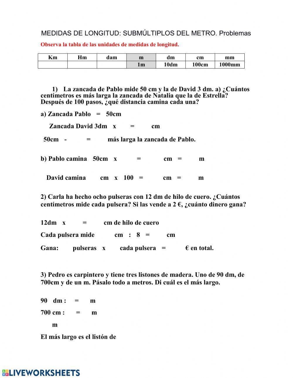Problemas. Submúltiplos del metro