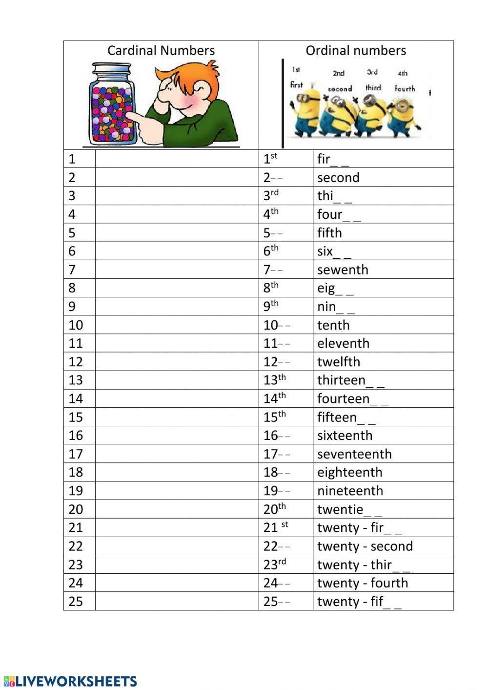 Numbers Ordinal And Cardinal To Write Worksheet Live Worksheets