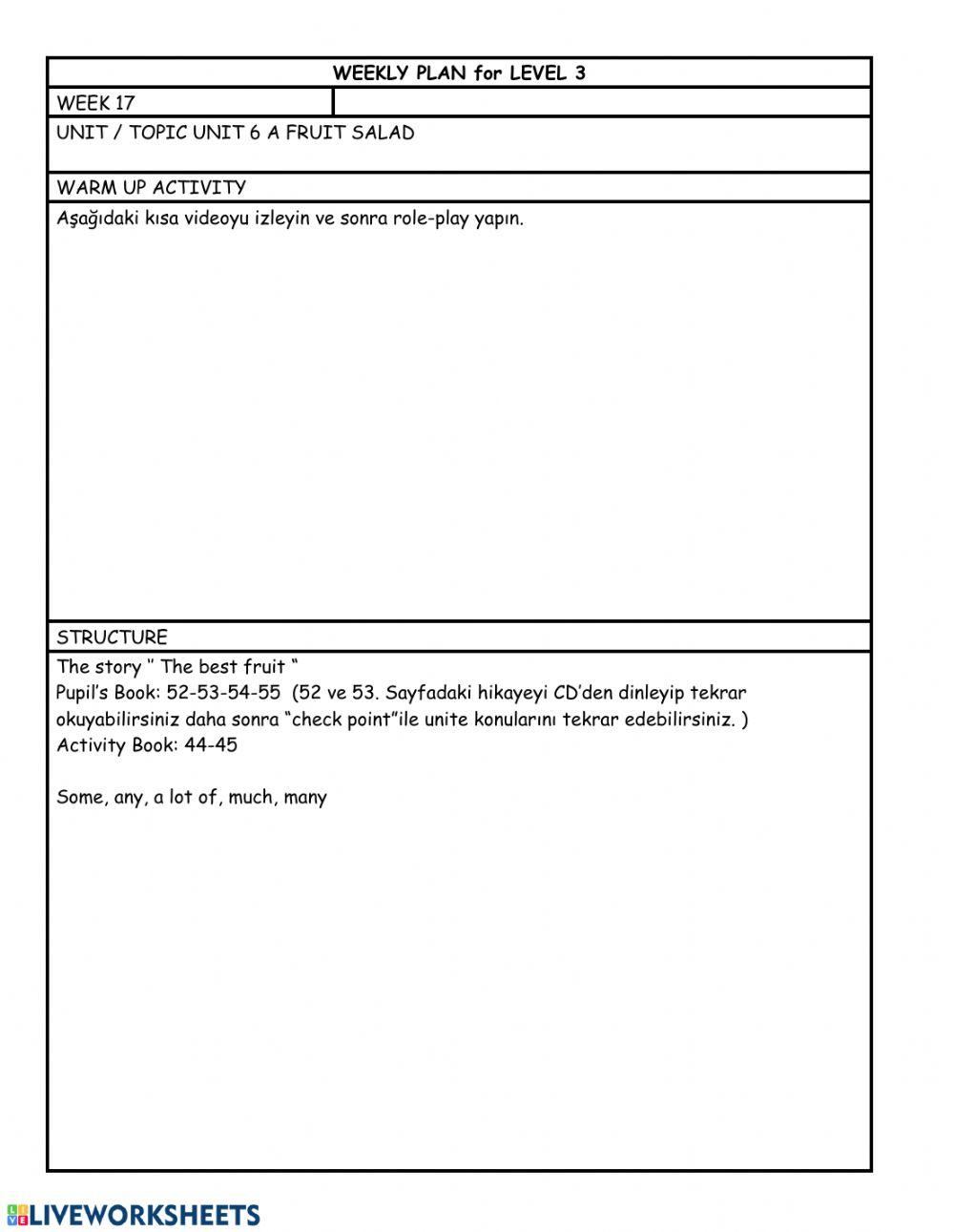 Level 3 Week 17 weekly plan