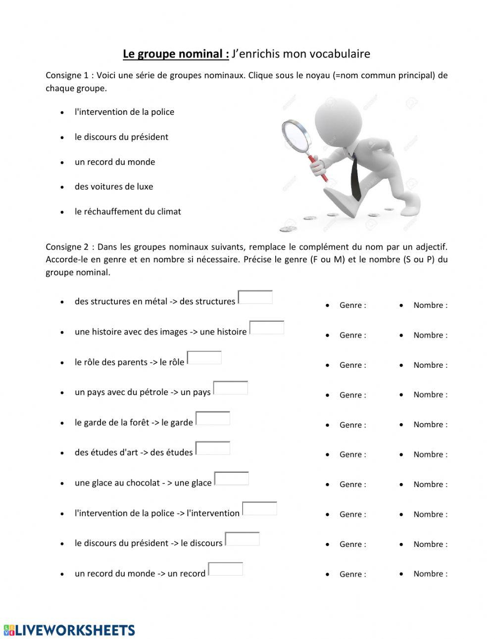 Le groupe nominal - j'enrichis mon vocabulaire