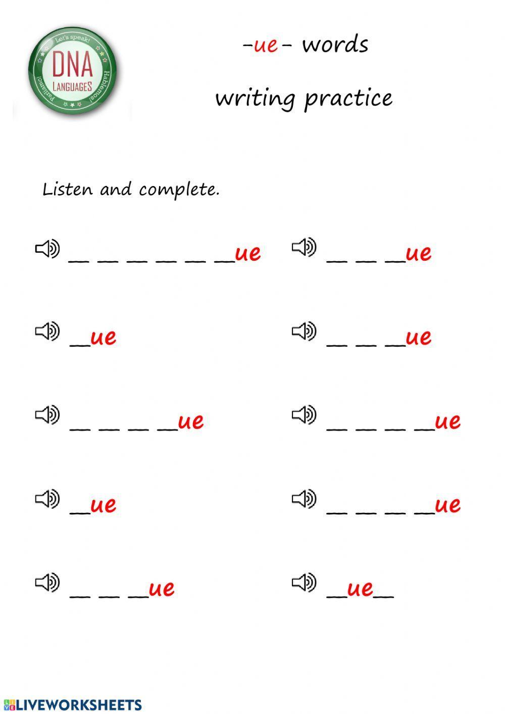 -ue- words writing practice (easy)