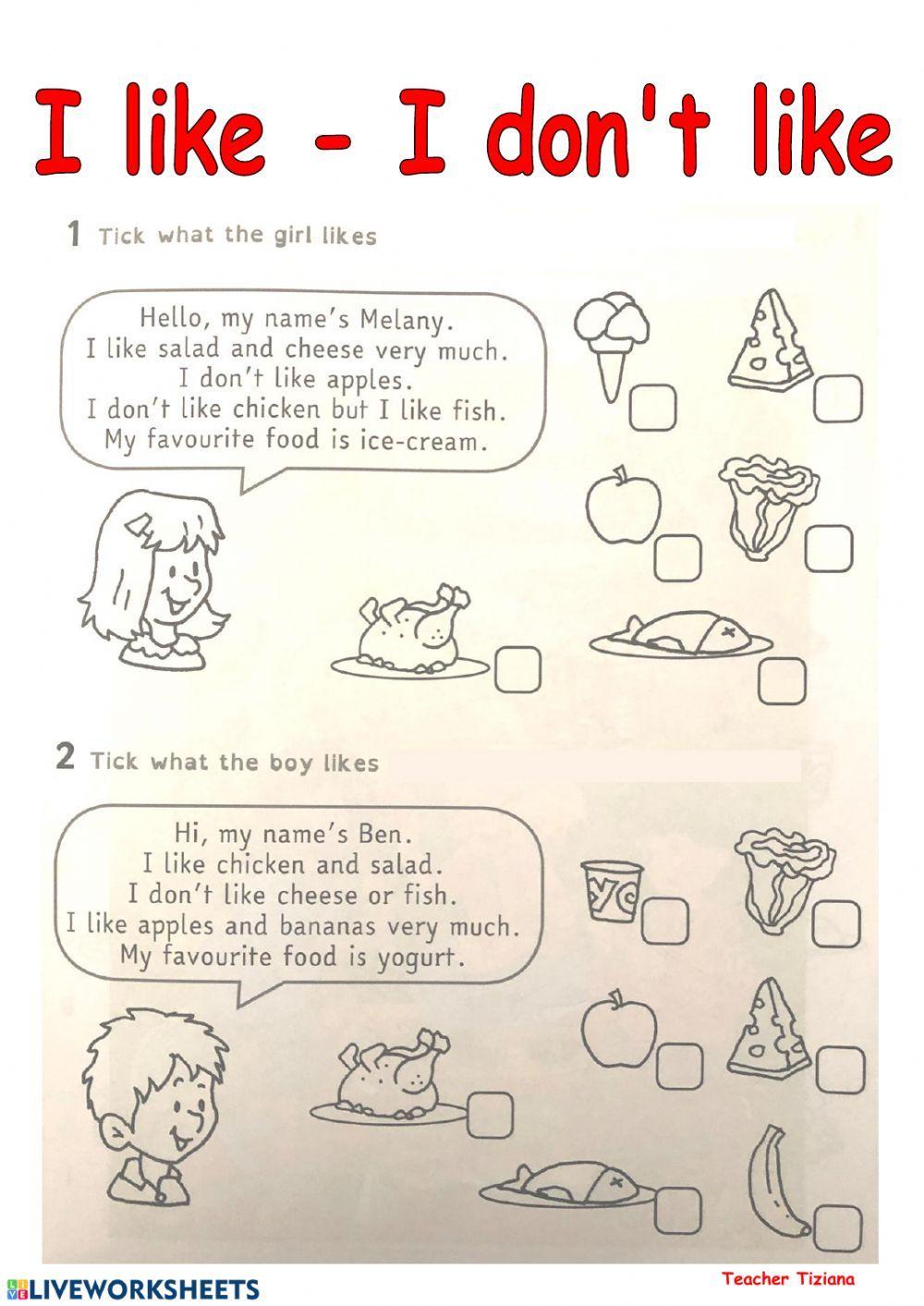 Like don t like exercises. Задания по английскому like don't like. Don't like doesn't like Worksheet. Английский язык II like i don't like food Worksheet. Упражнение like food.