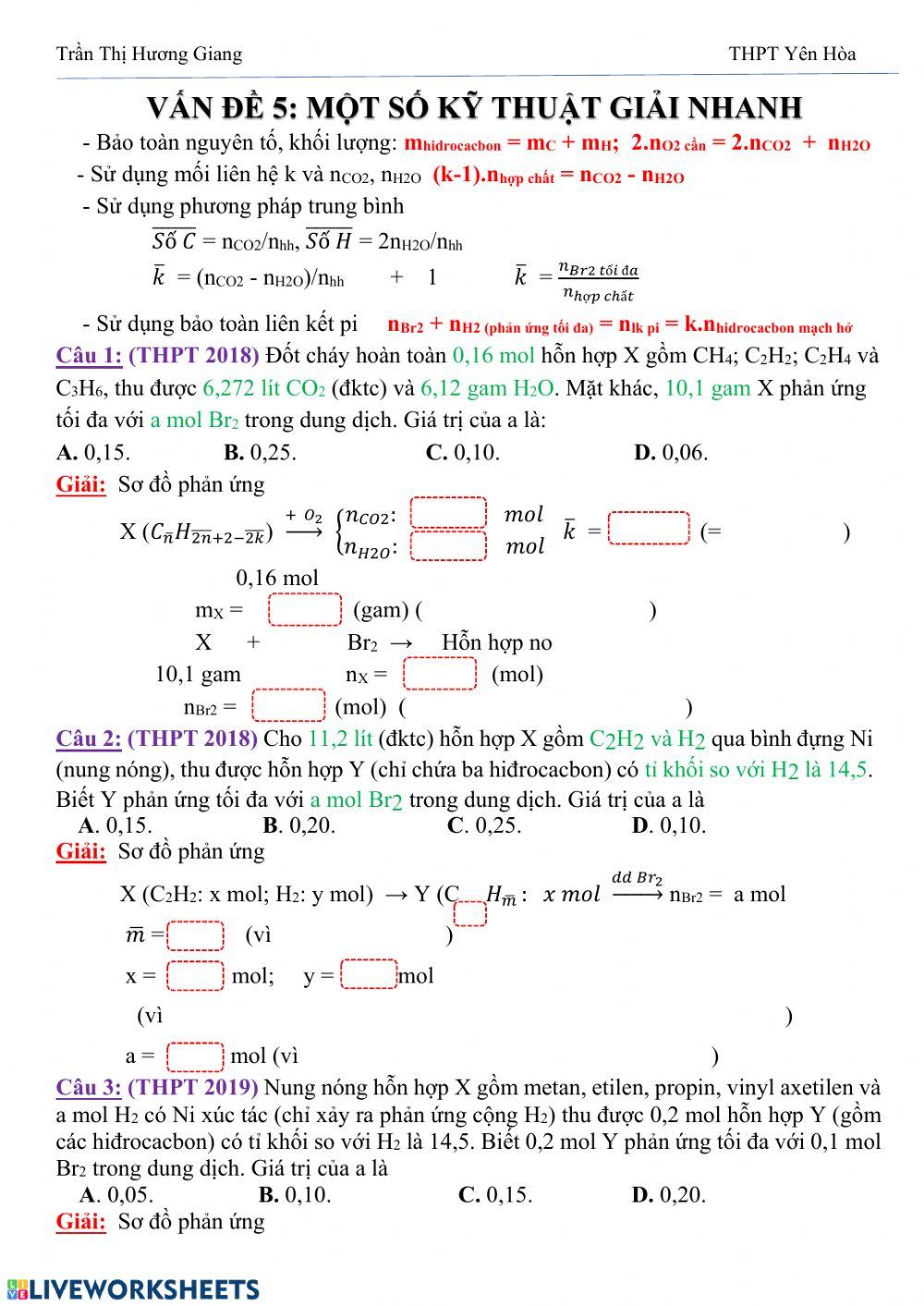 Ôn tập hidrocacbon: Kỹ thuật giải nhanh