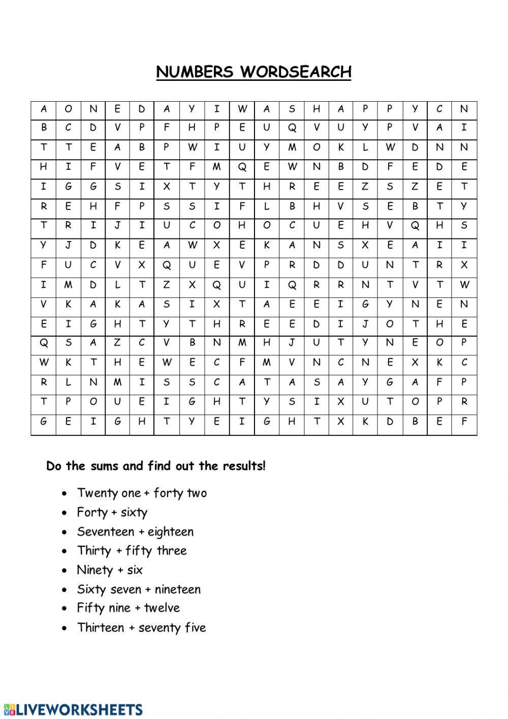 Numbers 1-100 wordsearch