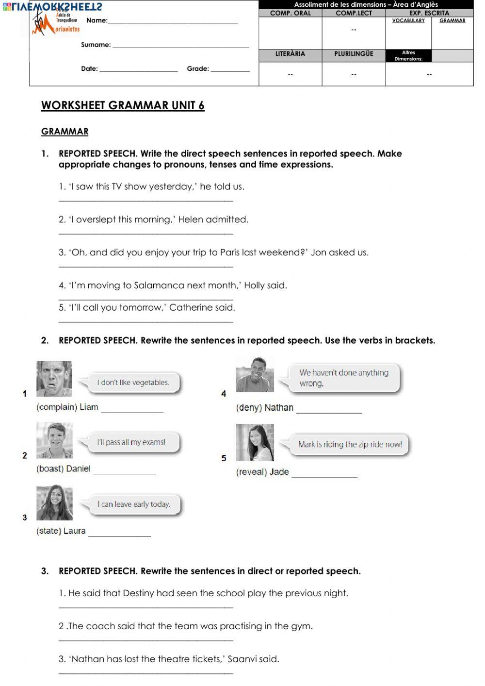 Worksheet Grammar unit 6 4th ESO (reported speech)