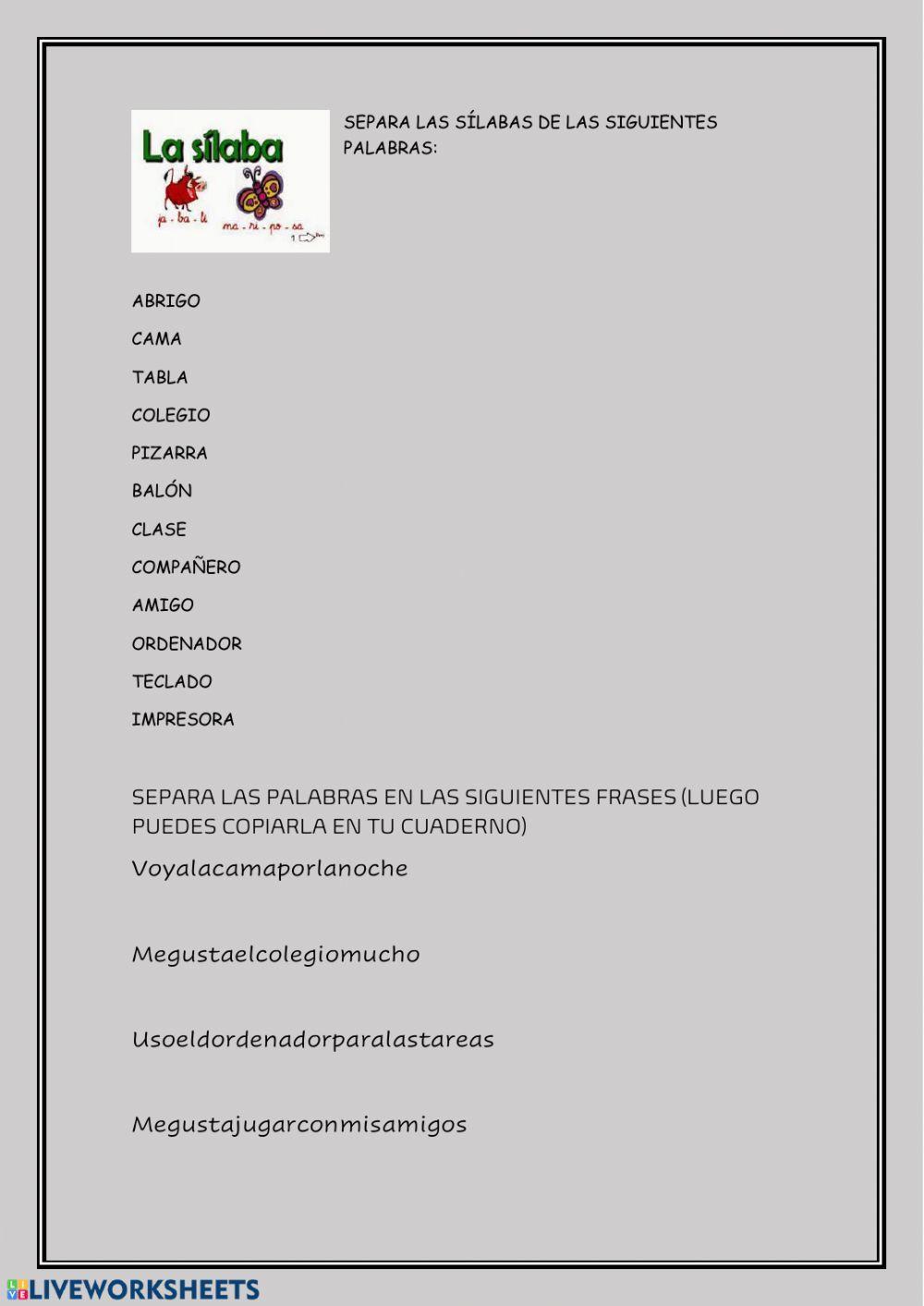 Separar sílabas y palabras