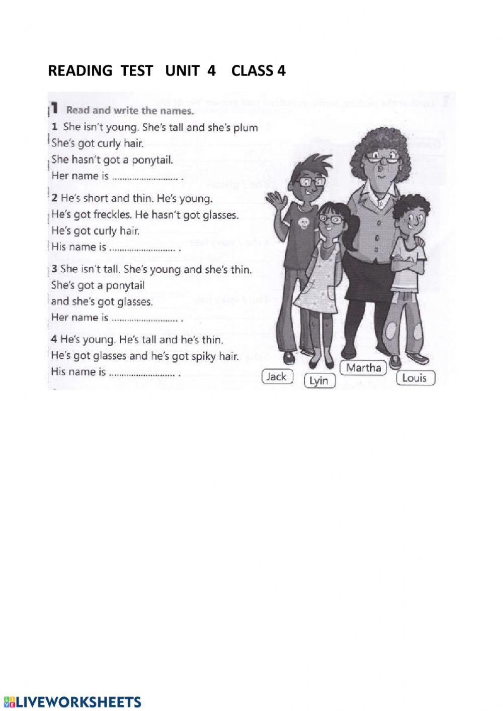 READING  TEST  UNIT 4  CLASS 4