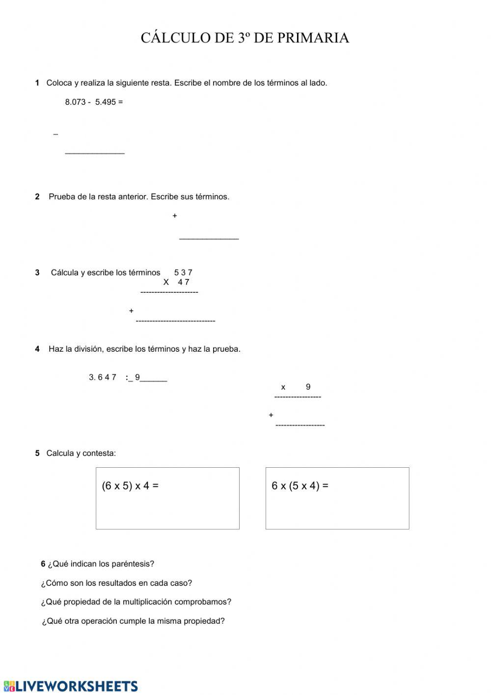 Cálculo de sumas, restas, multiplicaciones y divisiones