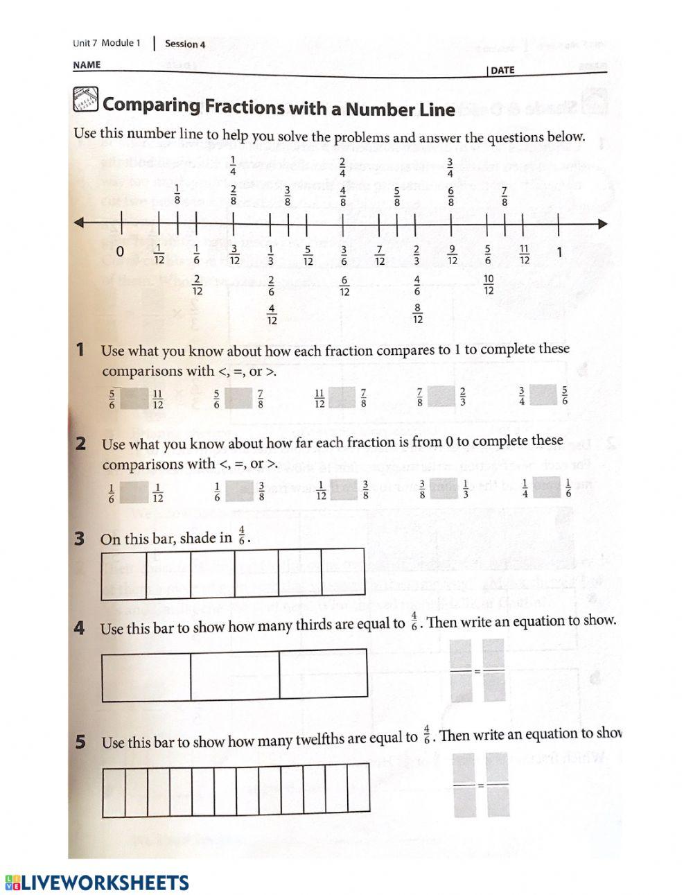 Comparing Fractions Number Line Worksheet