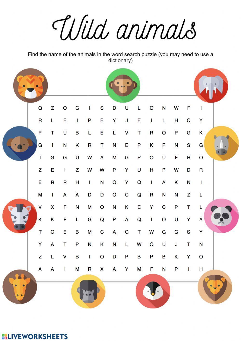 Wild animals wordsearch Wild animals wordsearch