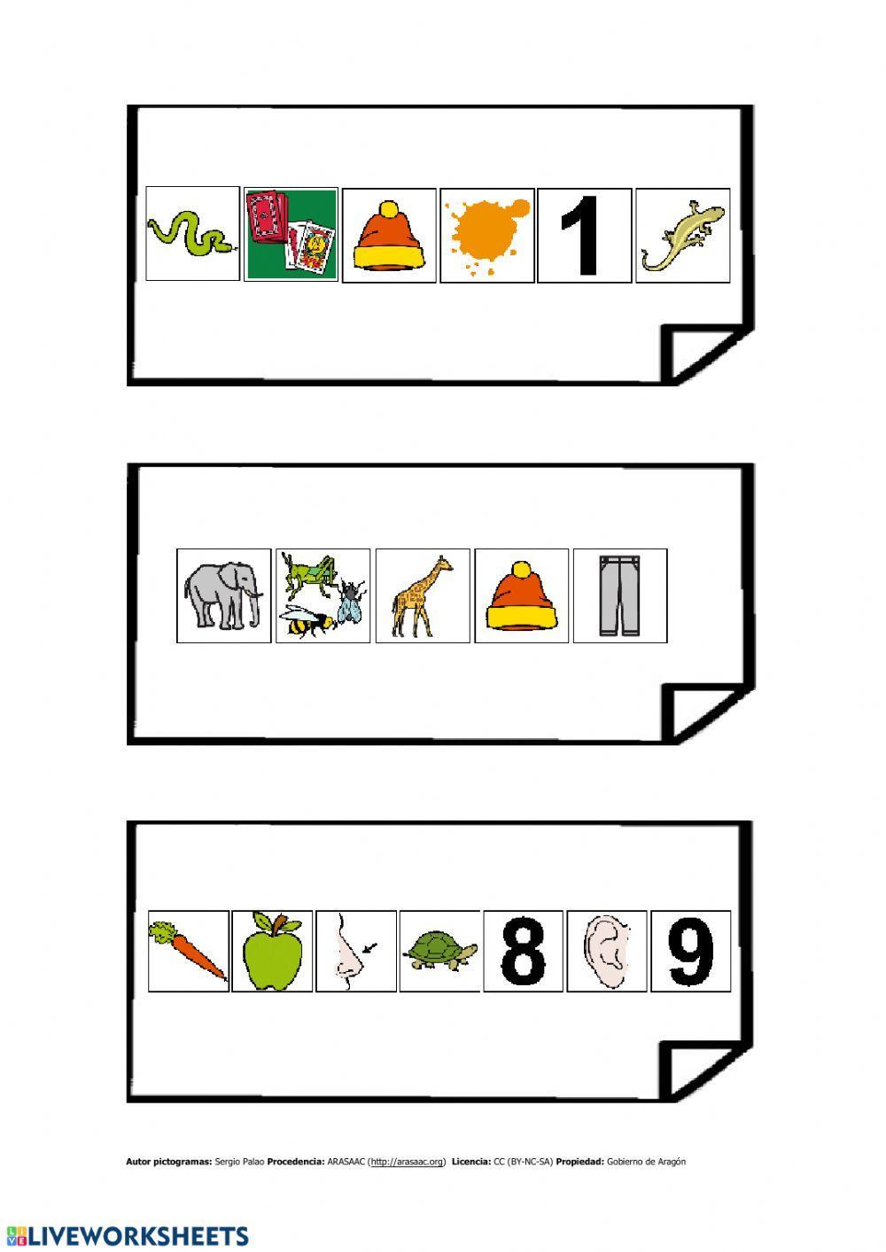 Secret messages: colours, numbers, animals, clothes, food, house and school.