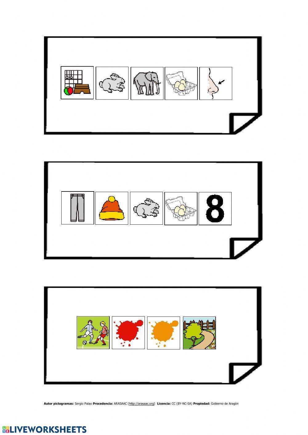 Secret messages: colours, numbers, animals, clothes, food, house and school.